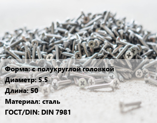 Шуруп с полукруглой головкой 5.5х50 сталь ГОСТ: DIN 7981, упаковка 1000 шт цена от 1766 Тг / кг, где купить, условия доставки в Петропавловске и Северо-казахстанской области